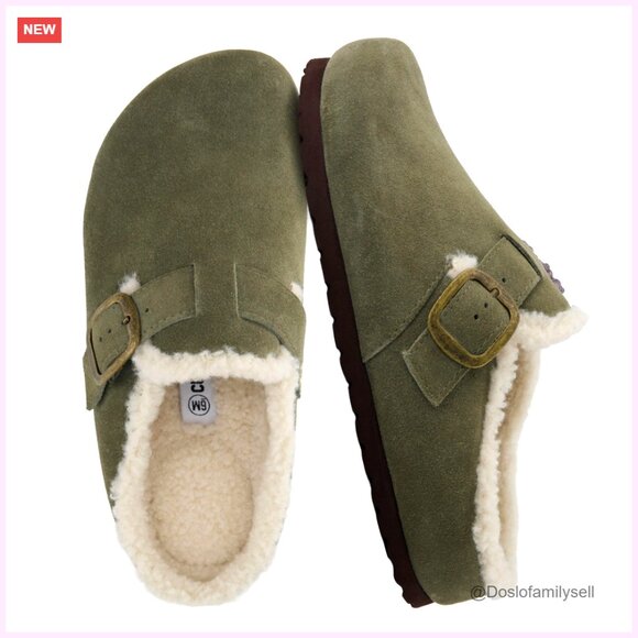 Shoes - Genuine Leather Clogs with Faux Fur Lining, Cork Footbed, Adjustable Buckle